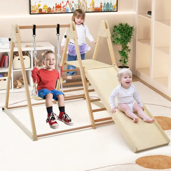 Natural Wood 5-in-1 Jungle Gym with Swing, Slide, Climbing Ramp and Foldable Design {3}