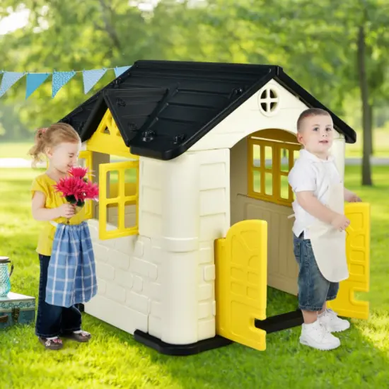 HDPE Playhouse Set with Slide, Table and Cover for Kids Yellow {2}