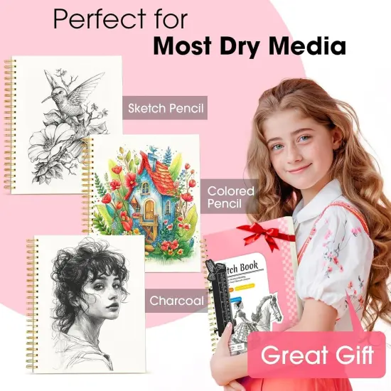 9" x 12" Sketch Book with Bookmark Ruler, 2 Pack 100 Sheets Spiral Sketchbook for Drawing (68lb/100gsm), Acid Free Sketch Pad Artist Sketching Drawing Paper for Kids Teens Adults, Pink {3}