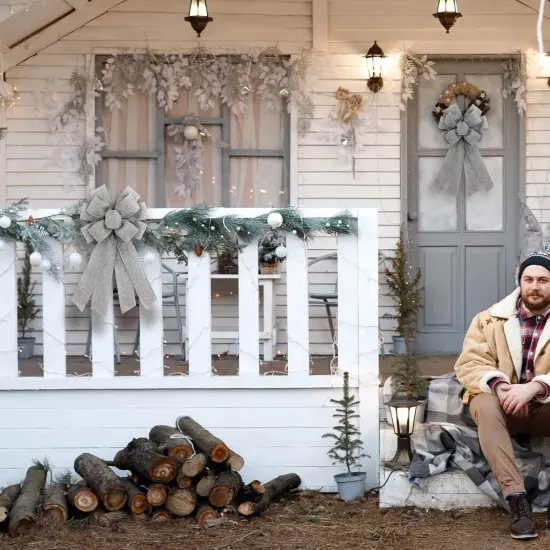 Grey Burlap Wreath Bow 20 x 11 Inches Birthday Holiday Ribbon Bow Carnival Farmhouse Bow Tree Ornament for Home Front Door Decorations {4}