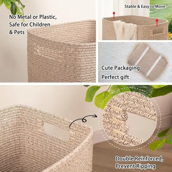 Laundry Hamper, Rectangle Cotton Laundry Basket with Handles, Large Blanket Basket for Living room, Woven Decorative Storage {3}