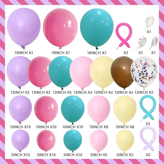 Rainbow Colorful Balloons Arch for Candy Sweet One Two Donut Grow Up Ice Cream Birthday Party Decorations Pastel Purple Pink Blue Yellow Brown Confetti Latex Balloons Garland with Long Balloons {4}