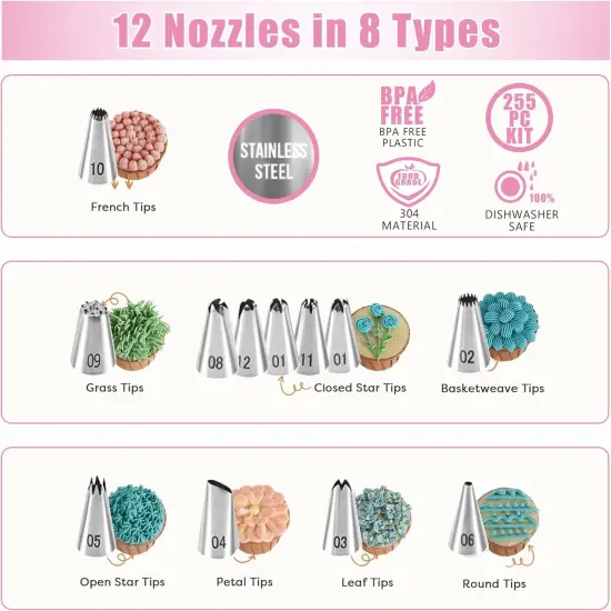 Cake Decorating Supplies Kit Tools 255pcs, Cake Decorating Set with Cake Turntable, 12 Numbered Icing Piping Tips, Cookie Cutters, Icing Smoother & Other Accessories for Cake Decoration (255 PCS) {2}