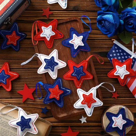 18 Pcs Memorial Day Star Felt Ornaments Patriotic 4th of July Hanging Stars 3.14 Inch White Red Blue Independence Day Tree Decorations for Memorial Veteran Day Party Decor(Classic Style) {1}