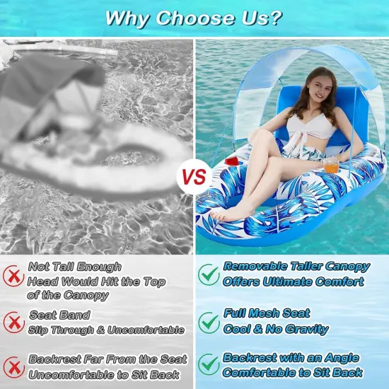 Pool Floats with Canopy - Inflatable Pool Float Adult Lounger Floaties Raft Floating Chair for Swimming Pool Lake Water Lounge Float with Cup Holders Beach Pool Party Toys for Adults {4}