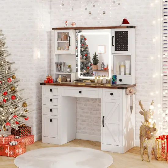 Farmhouse Vanity Desk with Lighted Mirror and 3 Doors-White {3}