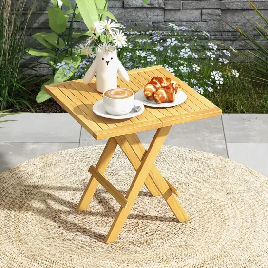 Natural Teak Wood Patio Folding Coffee Table with Slatted Top and X-Shaped Design {2}