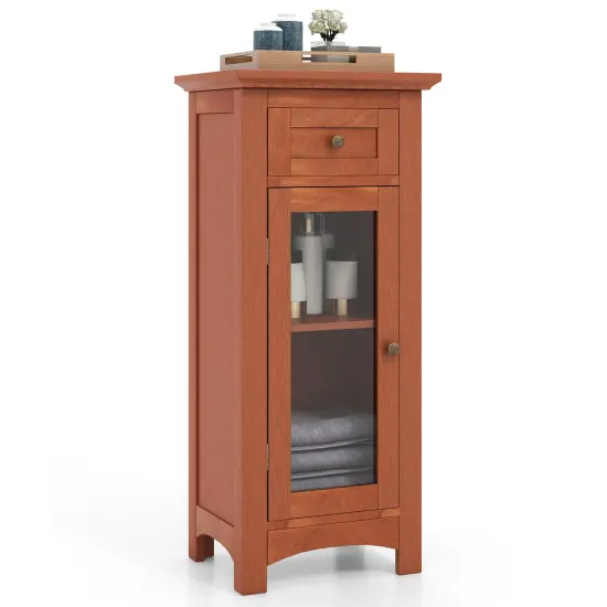 MDF Storage Cabinet with Glass Door, Drawer and Adjustable Shelf Brown {4}