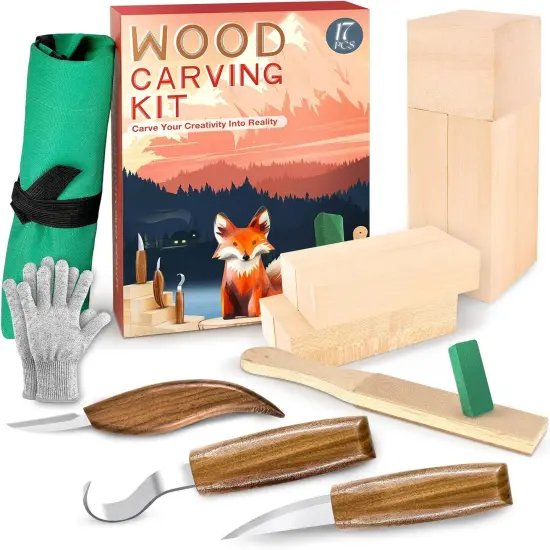 Wood Carving Kit, Whittling Kit for Beginners 17PCS Wood Carving Tools with 3PCS Whittling Knife 9PCS Basswood Blocks & Gloves & Strop Block & Polishing Compound Wood Carving Set Hobbies for Adults {1}