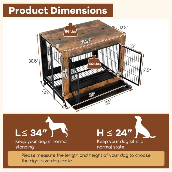 Rustic Brown Flip-up Top Dog Kennel with Removable Tray and 3 Lockable Doors {5}