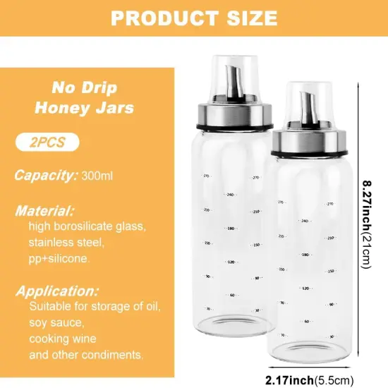 Honey Dispenser,Glass Honey Dispenser Pot 10 OZ,Honey Dispenser No Drip,Maple Syrup Dispenser with Silicone Base for Bread,Beautiful Honey Pot,Perfect Honey Container(2pcs) {2}