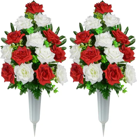 Artificial Cemetery Flowers, Memorial Rose Flowers Grave Decoration Flower Bouquets with Vase for Cemetery Graveyard Headstones Decor, Set of 2 (Red&White) {1}