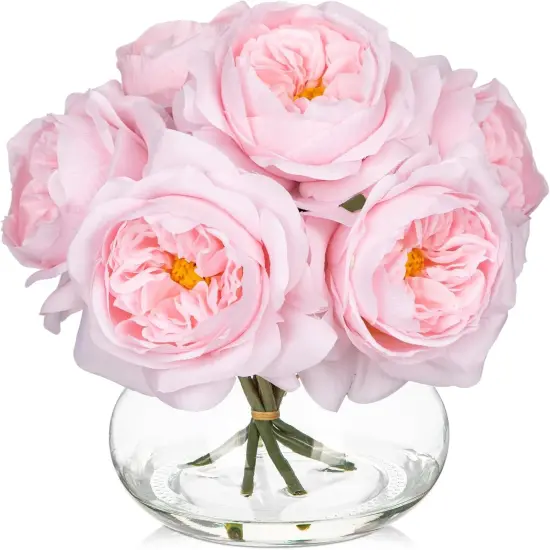 Pink Roses Peonies Artificial Flowers with Glass Vase Silk David Austin Roses Faux Flowers Arrangements with Clear Faux Water in Vase Fake Peonies Rose Peony Floral Bulk Bouquet Home Decor {1}