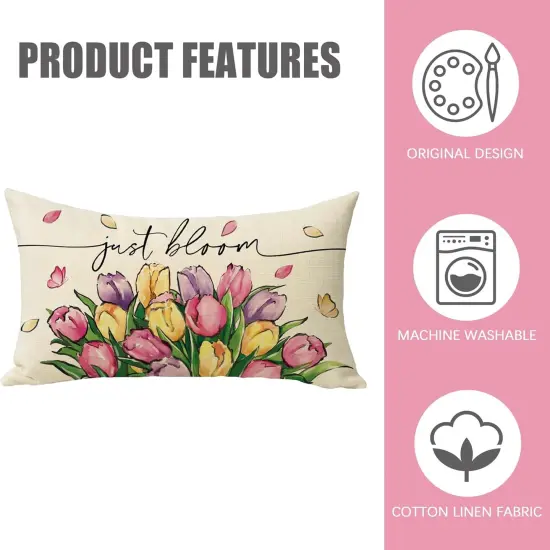 Spring Summer Tulip Flower Lumbar Decorative Rectangle Pillow Cover 12 x 20, Just Bloom Floral Porch Patio Outdoor Pillowcase, Petal Butterfly Seasonal Sofa Couch Cushion Case Home Decor {3}