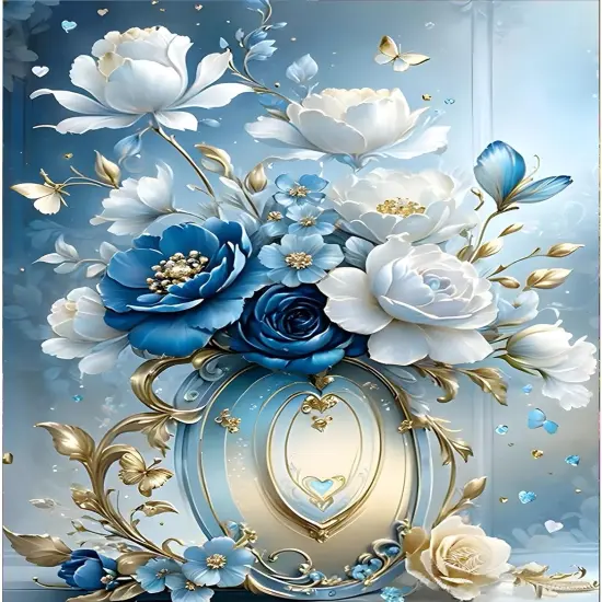 DIY 5D White and Blue Flowers Diamond Art Painting Kits, Full Round Drill Sparkling Diamond Painting Picture, Diamond Painting Art Craft Kits for Adults Beginners, Home Wall Decor 12x16inch {1}