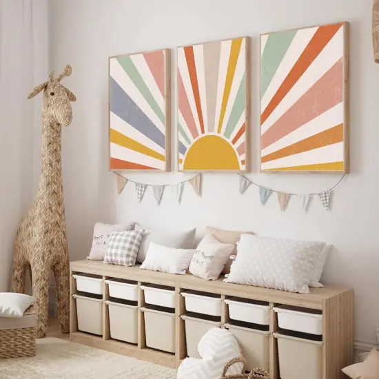 3pcs Summer Boho Canvas Wall Art Rainbow Sun Rising on the Horizon Geometric Nature Illustration Line Pictures Wall Decor Posters Prints for Toddler Kids Room Home Decoration Unframed {2}
