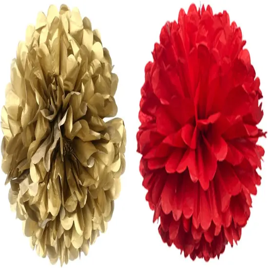 14" Red and Gold Tissue Pom Poms Kit DIY Decorative Paper Flowers Ball for Christmas New Years Eve Party Wedding Baby Shower Graduation Birthday Party Home Outdoor Hanging Decorations, Pack of 10 {2}