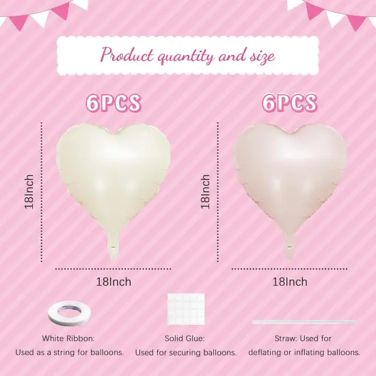 12 PCS Pink Cream Heart Balloons, 18 Inch Large Pink Cream Heart Foil Balloons Reusable Love Balloons for Valentines Engagement Brithday Baby Shower Wedding Party Decorations {2}