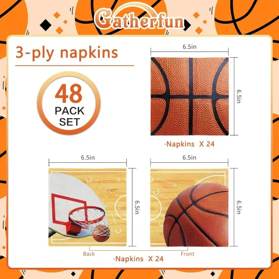 Basketball Party Supplies Kit - for Basketball Party Decorations, Includes 48-Pack 3-Ply Disposable Paper Napkins (6.5X6.5 in), Basketball Birthday & Sports Party Decorations {2}