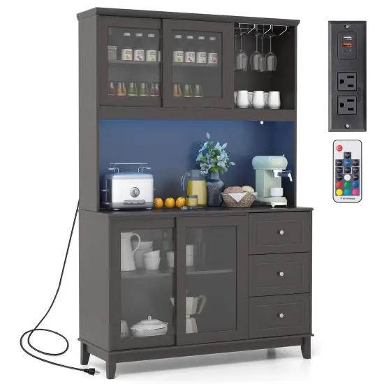 Kitchen Pantry Storage Cabinet with 2 Compartments with Doors and LED Lights and Power Outlet Dark Brown {4}