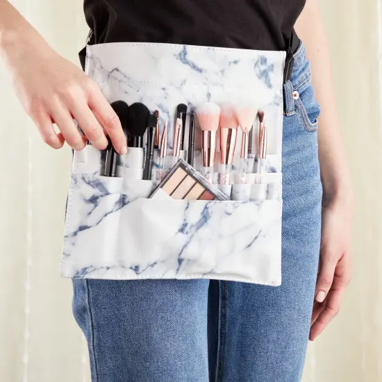 Makeup Brush Belt with 22 Pockets, Marble PU Leather (10.2 x 9.7 x 2 Inches) White {3}