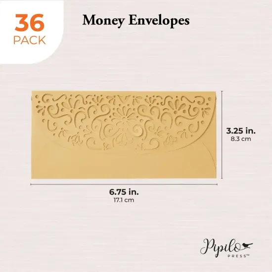Gold Money Envelopes for Cash Gifts, Laser Cut Holders for Currency for Wedding, Birthday (6.8x3.3 In, 36 Pack) {3}