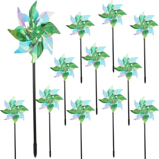 12 Pcs Spring Reflective Pinwheels Outdoor, Wind Spinners for Yard & Garden, Sparkly Bird Repellent Windmill Scare Birds Away, Deterrent Devices for Outside Patio Lawn Spring Decor (Green) {1}