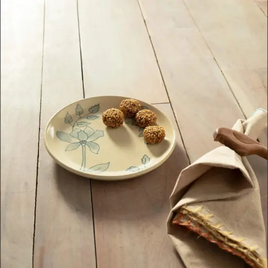 Off-White Round Ceramic Floral Print Side Plate &ndash; Elegant Dining Accent for Any Table-17X17X2" {1}