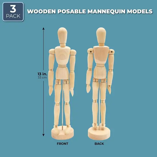 3 Pack Posable Art Figure Model, Flexible Wooden Drawing Mannequin for Artists, Sketching (13 in) Brown {6}