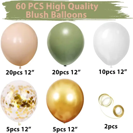 64 PCS Artificial Eucalyptus Leaves Stems Sage Green Blush Balloons, 12 Inch Sage Green Blush Nude Balloons with Artificial Eucalyptus for Baby Bridal Shower Birthday Safari Party Decoration {2}