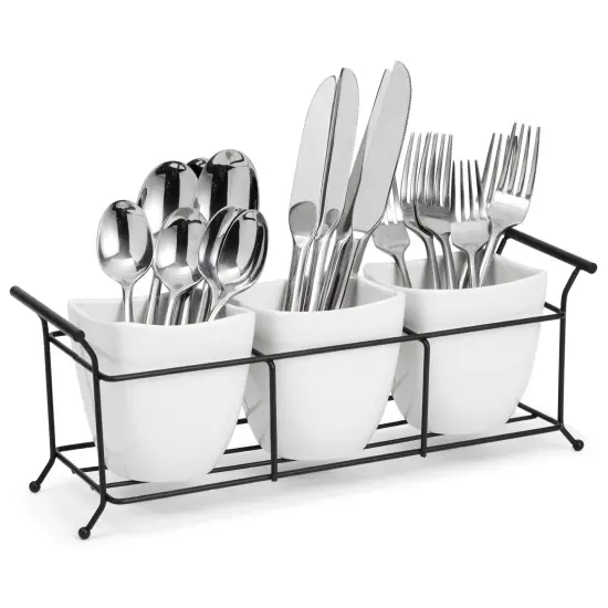 3 Piece White Ceramic Utensil Holder with Metal Stand, Flatware Caddy for Cutlery, Silverware, Kitchen Organizing (White, 13 x 4 x 5 In) {5}