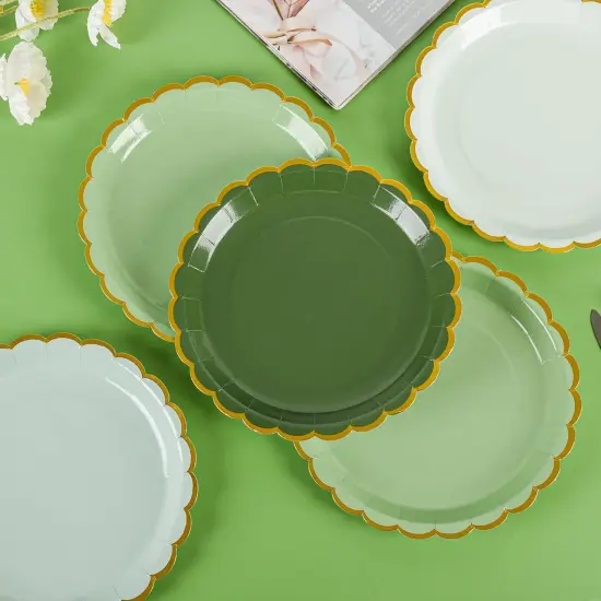 Summer Sage Green Scalloped Party Plates Gold Foil Border Paper Plates Disposable 9inch Gradient Green Serving Plates (24, Sage Green) {3}