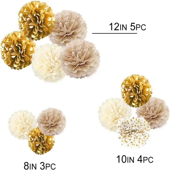 White Gold Champagne Tissue Paper Pom Poms Decor Hanging Tissue Flowers Poms Decorations Pack of 12 for Wedding, Birthday, Baby Shower ，Party Backdrop Decor ect. (12", 10", 8" Tissue Paper Flowers) {2}