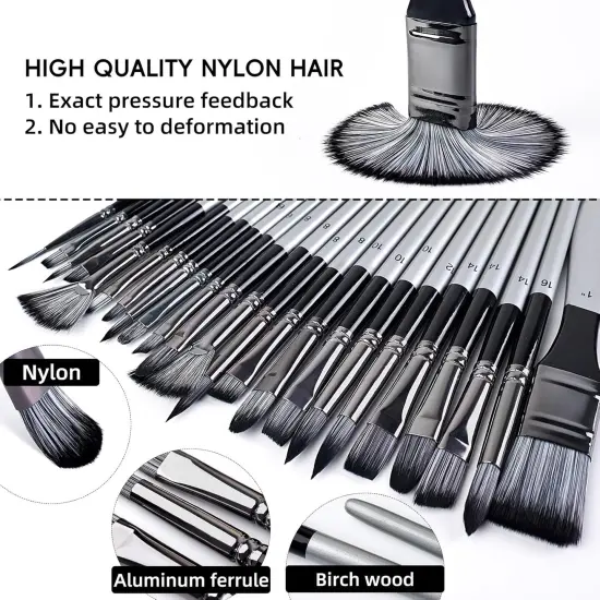 25pcs Paint Brush Set, Professional Paintbrushes Acrylic Paint Brushes Expert Series Nylon Brushes Kit with Palette Knife and Cloth Roll for Acrylic, Oil, Watercolor and Face Painting {2}