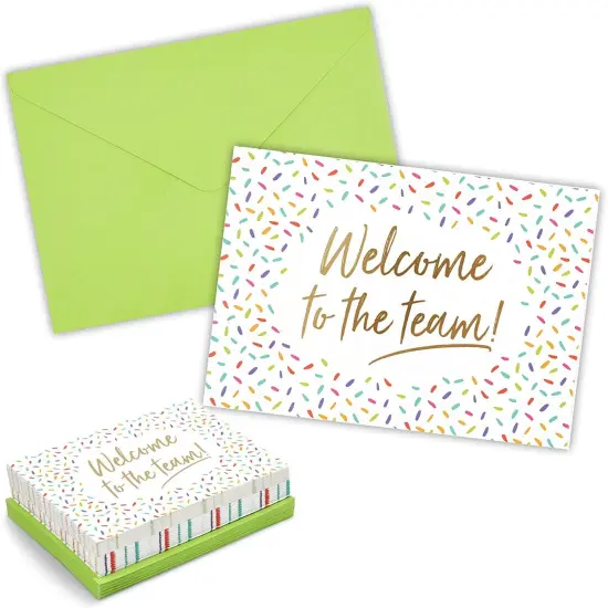 36 Pack Welcome to the Team Cards Bulk, New Hire Welcome Gift for Employees (Gold Foil and Confetti Design, Green Envelopes, 5x7 in) Multicolor {1}