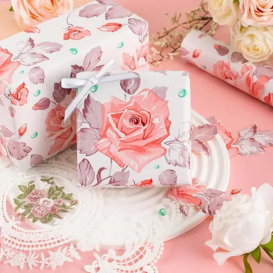 Flower Gift Wrapping Paper Roll - 17Inch x 33Feet - Luxury Elegant Floral with Gold Pattern Girl Gift Wrap Present Sheet for Wedding, Bridal Shower, Birthday, Engagement and Mother's Day {2}