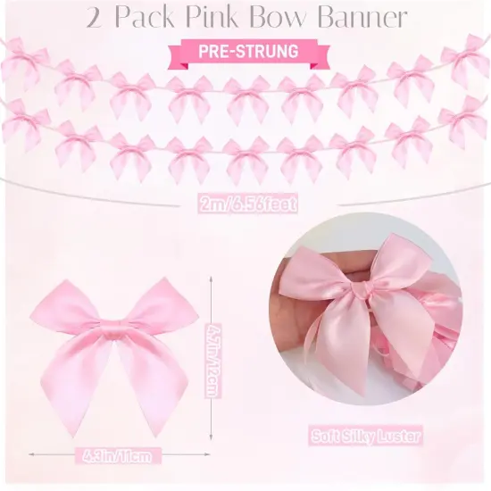 2pcs Pink Bow Garland Banner, Pink Ribbon Bow Party Decorations for Baby Shower Girls Bow Coquette Birthday Party Decor {2}