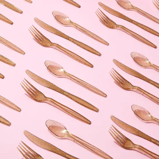 144 Pack Gold Glitter Plastic Silverware for Wedding Party Supplies, Cutlery Includes Forks, Spoons, and Knives (Serves 48) {6}