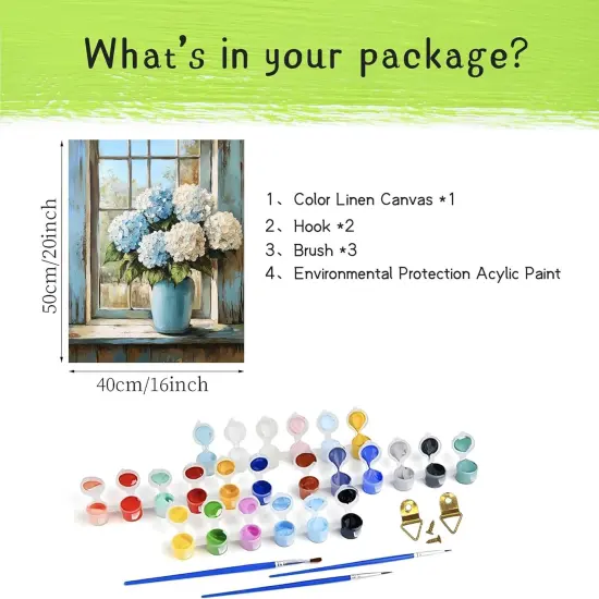 Hydrangeas Paint by Number, Rustic Window Blue Flowers Paint by Numbers for Adults,Easy Acrylic Adults Beginner DIY Oil Painting on Canvas for Gift, Floral Home Wall Decor {6}