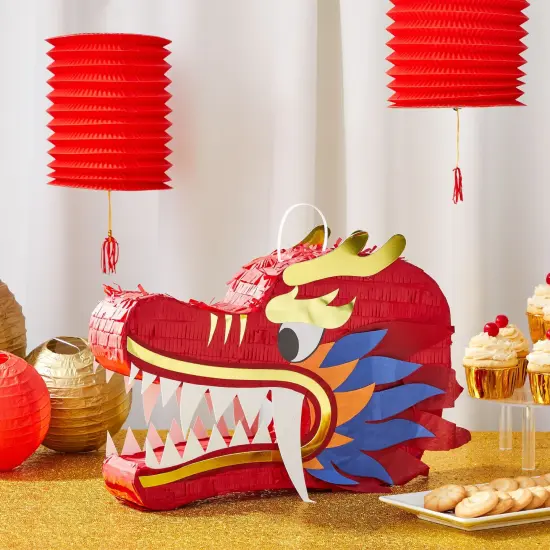 Dragon Pinata - Chinese Dragon Head, Dragon Birthday Party Supplies, 2025 Chinese New Year Decorations (16.5x11x3 In) Red {3}