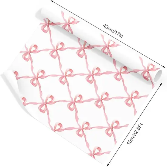Pink Bow Wrapping Paper -Mini Roll- 17In x 32.8Ft White Pink Ribbon Bow Gift Wrap Paper Watercolor Craft Paper for Birthday Wedding Party DIY Supplies {3}