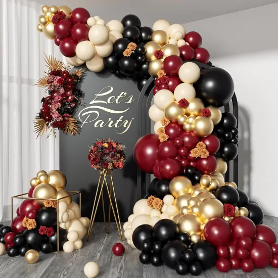 155pcs Burgundy Balloon Garland Arch Kit with Burgundy Maroon Black Metallic Gold Lvory white Balloons for Birthday Graduation Wedding Baby Shower Anniversary Valentine Party Decoration {1}