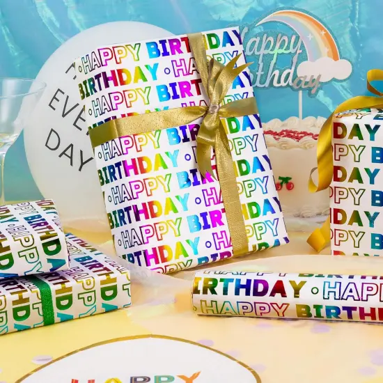Birthday Wrapping Paper Roll, Happy Birthday Lettering Colorful Holographic Foil Design for Birthday, Baby Shower, Holiday Party Gift Wrap, Mini Roll, 17 inches x 16.4 Feet (23.2 sq.ft.) {3}