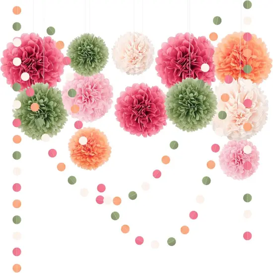 Wedding Party Decorations - 15Pcs Pink, Sage Green, Ivory Tissue Paper Pom Pom for Birthday Pastel Decorations, Engagement Baby/Bridal Shower Anniversary Valentine Dot Paper Backdrop Decor {1}