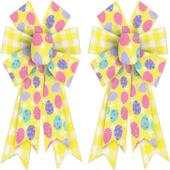 2PCS Easter Wreath Bows, Spring Easter Yellow Bows for Wreath Easter Eggs Wreath Bows Easter Bows for Front Door Spring Dot Tree Bows for Indoor Outdoor Decor {1}