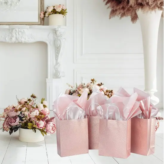 12 Pack 9.5" Rose Gold Pink Glitter Kraft Paper Gift Bags For Wedding | Thank You Bag Favor Bags For Bridal Shower {4}