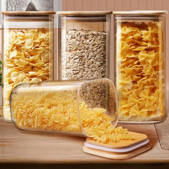 Square Glass Jars with Bamboo Lids 53 FL OZ [Set of 4], Glass Canisters with Airtight Lid, Glass Food Storage Containers for Pasta, Cereal, Coffee, Flour, Sugar, Best for Kitchen & Pantry {4}