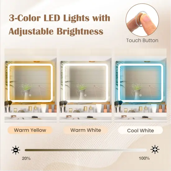 Modern Makeup Vanity Desk with Mirror and Lights and Stool Set-White {6}