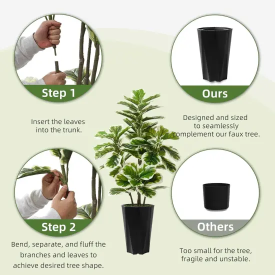 Artificial Fiddle Leaf Fig Tree 5FT - Faux Rubber Plant with Black Diamond Planter - Tall Fake Floor Plant Potted - Artificial Silk Tree for Home Office Living Room Decor Indoor {4}