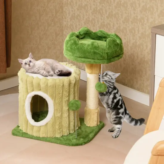 Green MDF Cat Tree with Plush Perch, Condo, Scratching Post and Toys with Dangling Ball {3}